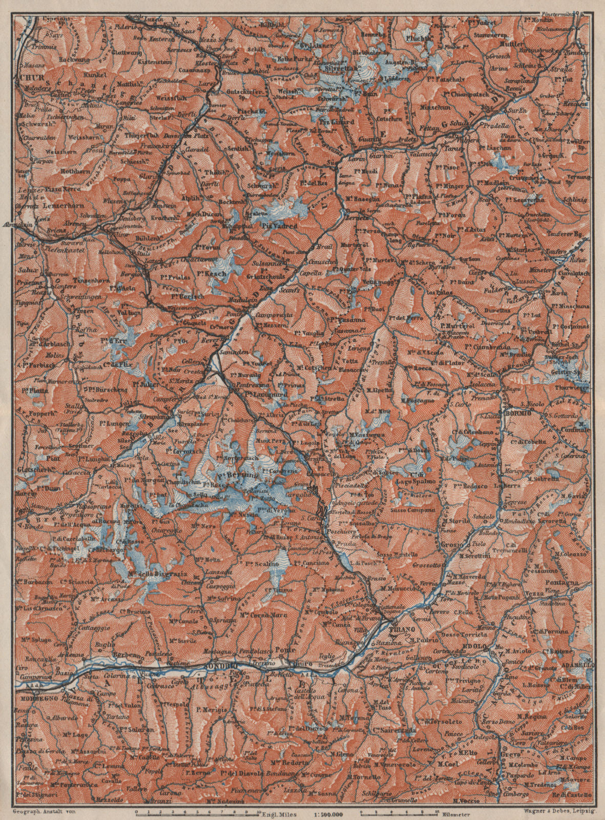 ENGADINE/VAL TELLINA. Davos Arosa Sils Bormio Livigno Sondrio Chur 1909 map